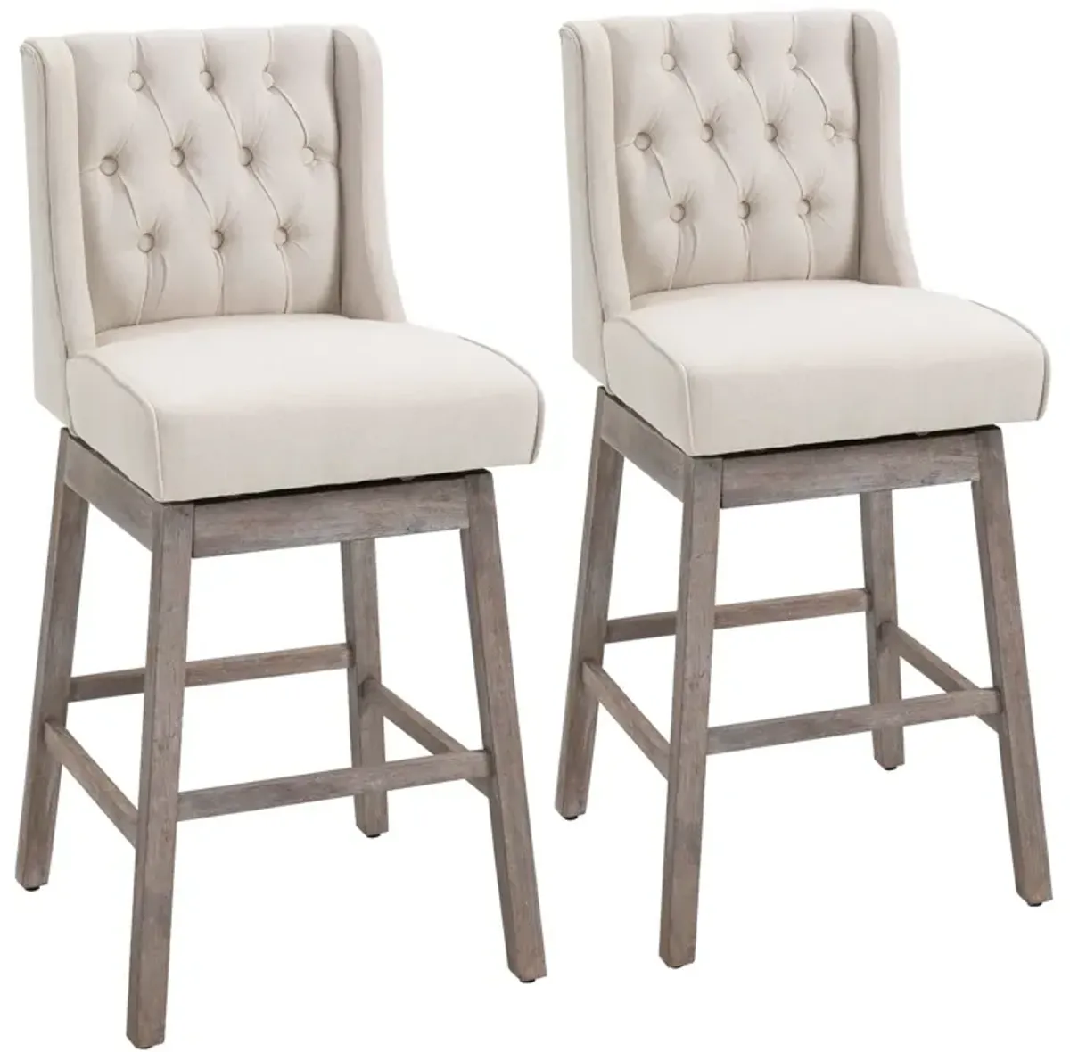 Beige Bar Duo: 2 Swivel Stools with Footrest, 180° Rotation