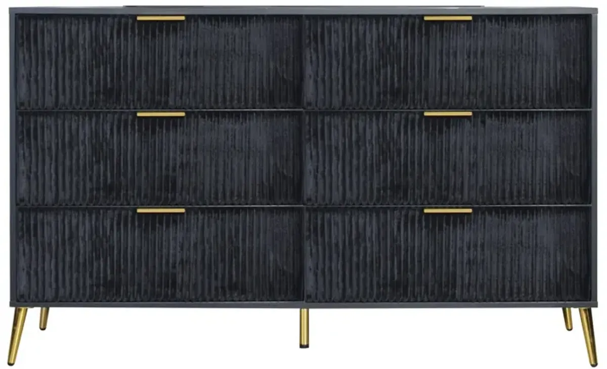 Benjara, Black, Gold Moko 58 Inch Wide Dresser, 6 Soft Upholstered Drawers