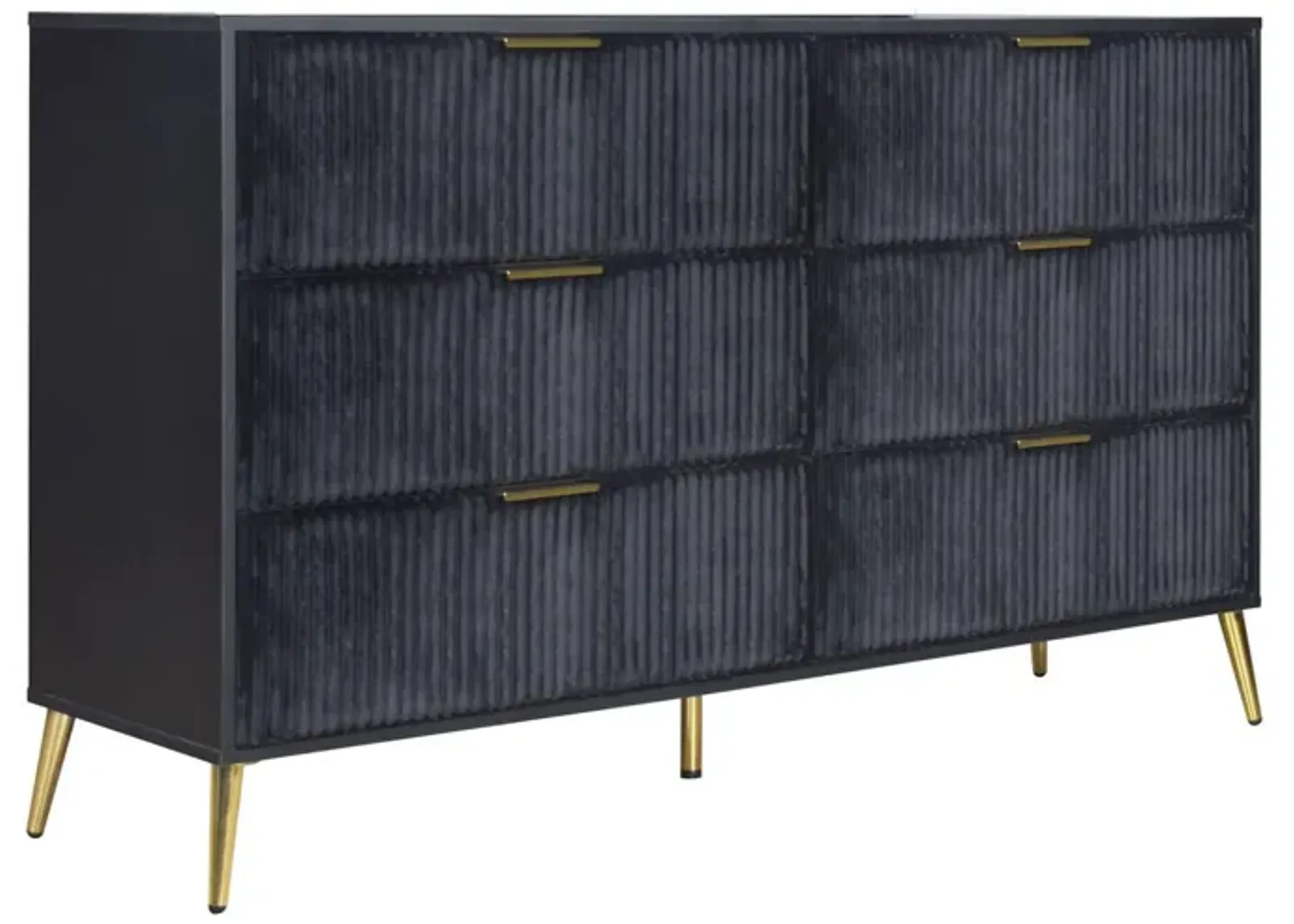 Benjara, Black, Gold Moko 58 Inch Wide Dresser, 6 Soft Upholstered Drawers