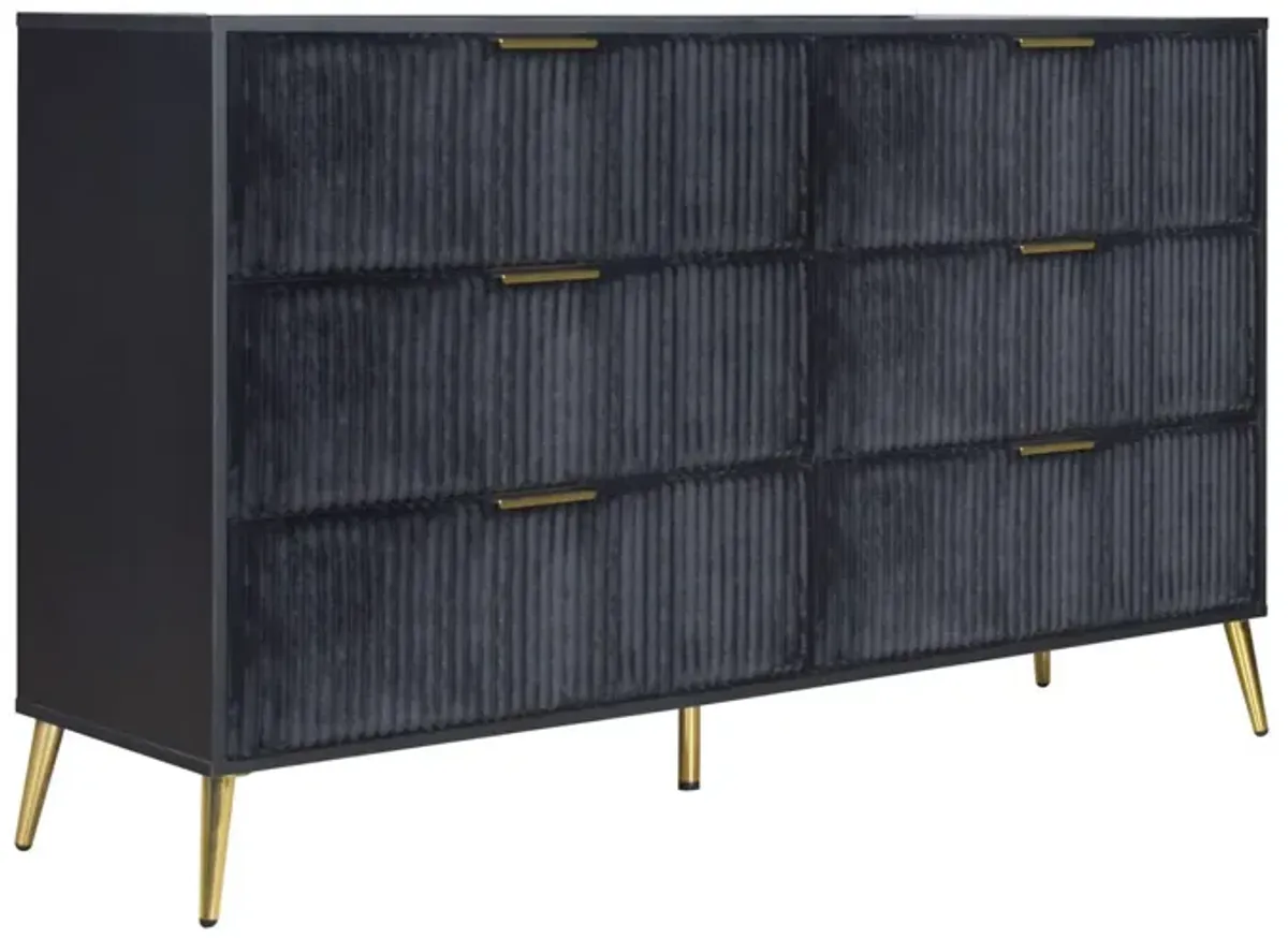 Benjara, Black, Gold Moko 58 Inch Wide Dresser, 6 Soft Upholstered Drawers