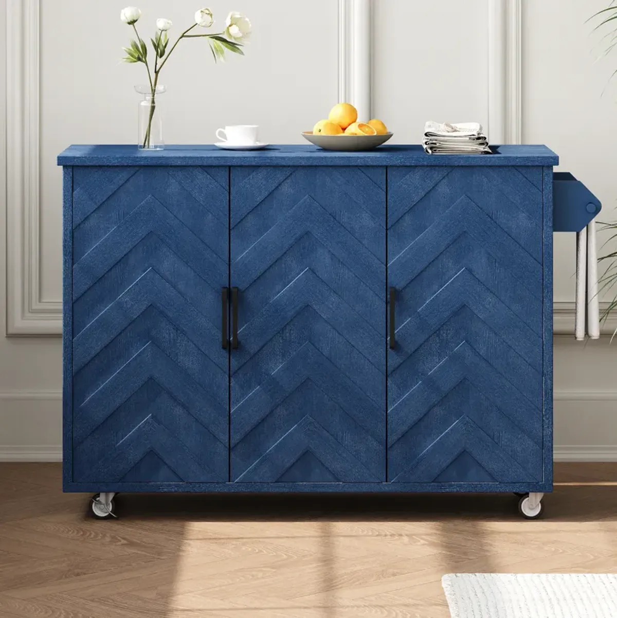 Merax Wave Stripes Ash Veneer Kitchen Island with Drop Leaf