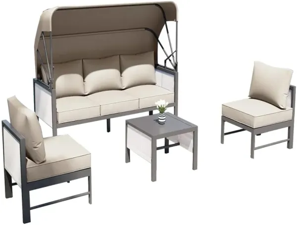 Mondawe Aluminum Patio Furniture Sets, 4 Pieces Outdoor Sectional Sofa with Retractable Canopy, Patio Conversation Set with Cushions for Outdoor