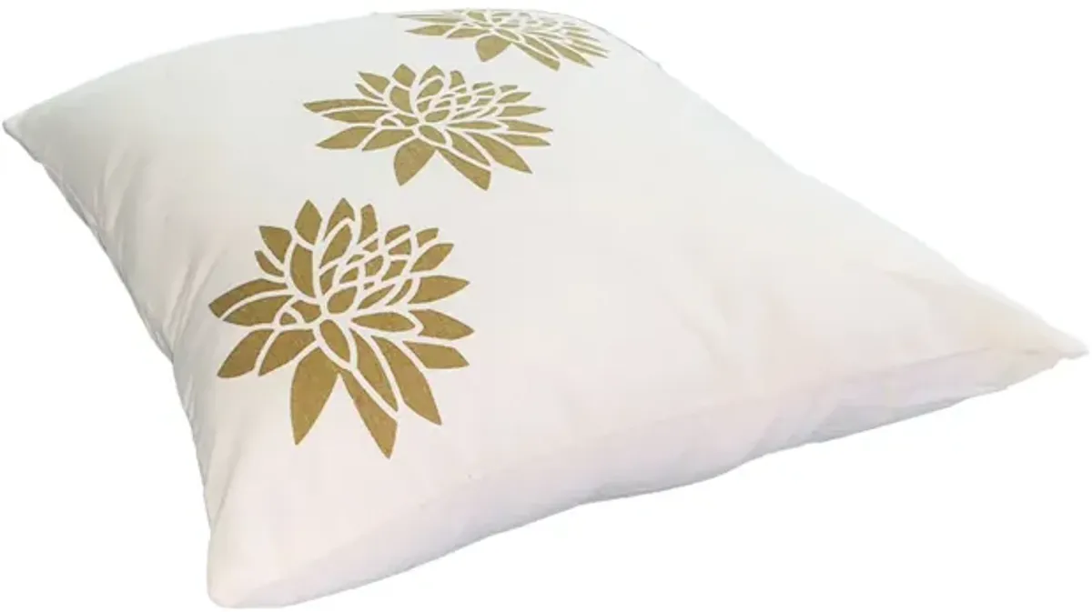 18 x 18 Square Accent Pillows, Soft Cotton Cover, Printed Lotus Flower, Set of 2, Gold, White-Benzara