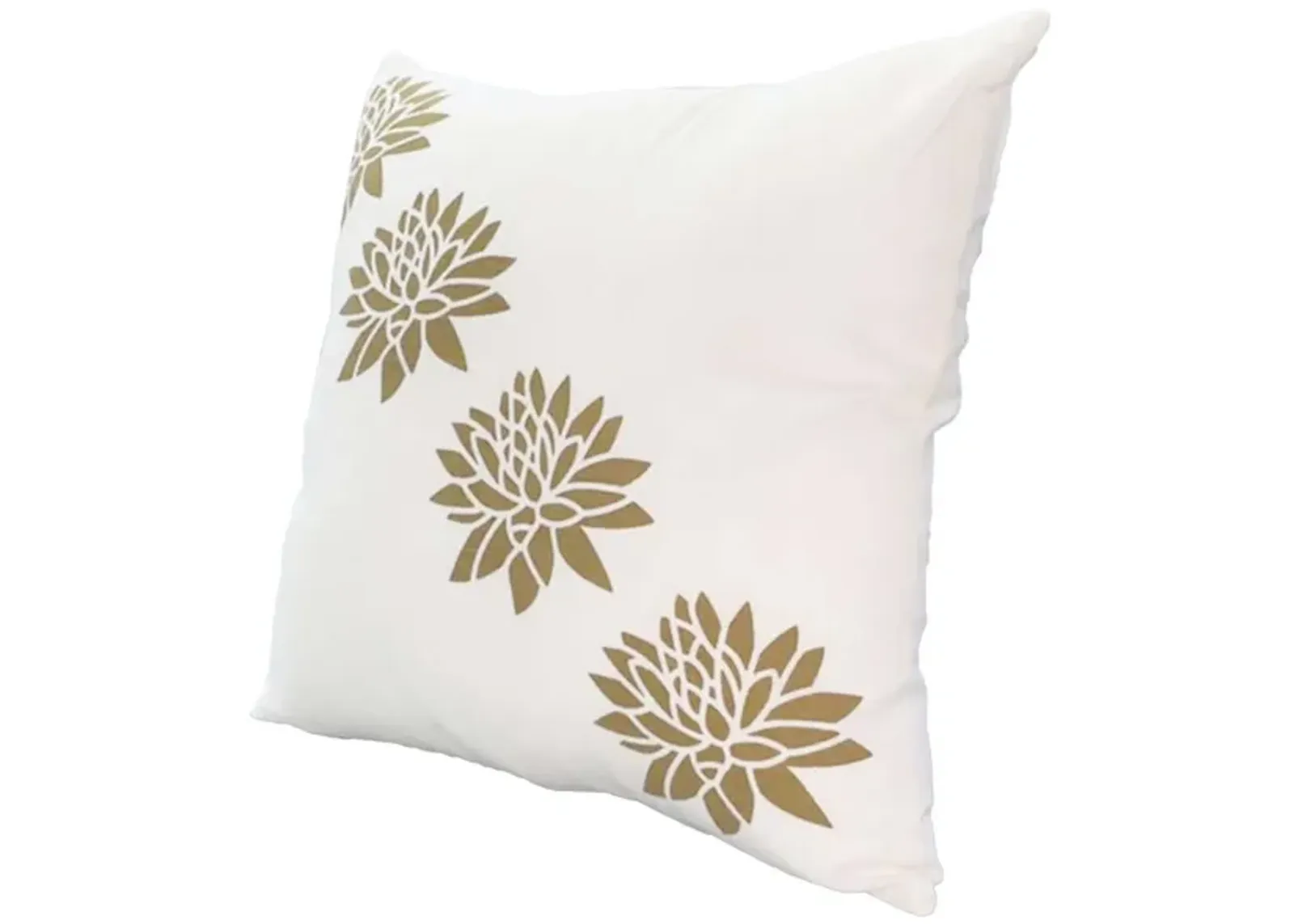 18 x 18 Square Accent Pillows, Soft Cotton Cover, Printed Lotus Flower, Set of 2, Gold, White-Benzara