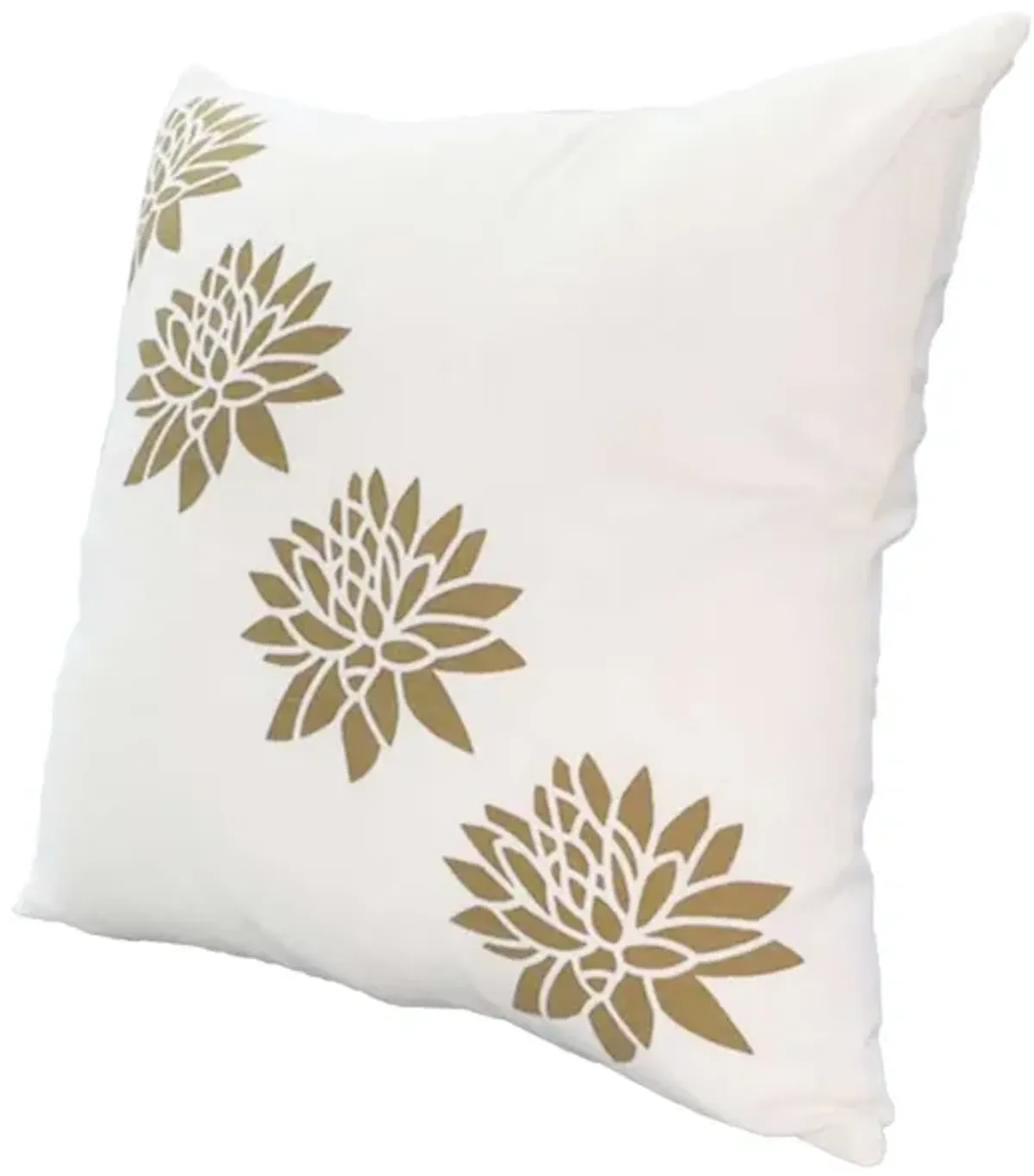 18 x 18 Square Accent Pillows, Soft Cotton Cover, Printed Lotus Flower, Set of 2, Gold, White-Benzara