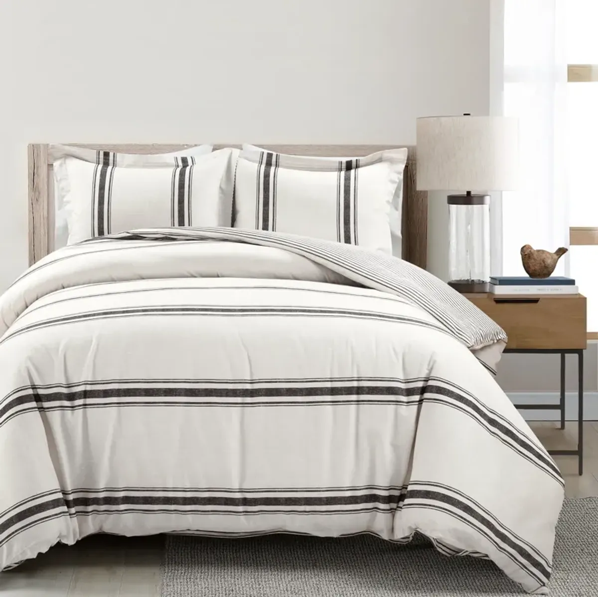 Farmhouse Stripe Reversible Oversized Cotton Duvet Cover  3Pc Set