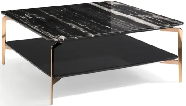 Rin 29 Inch Modern Coffee Table, Square Black Marble Top with Shelf, Gold - Benzara