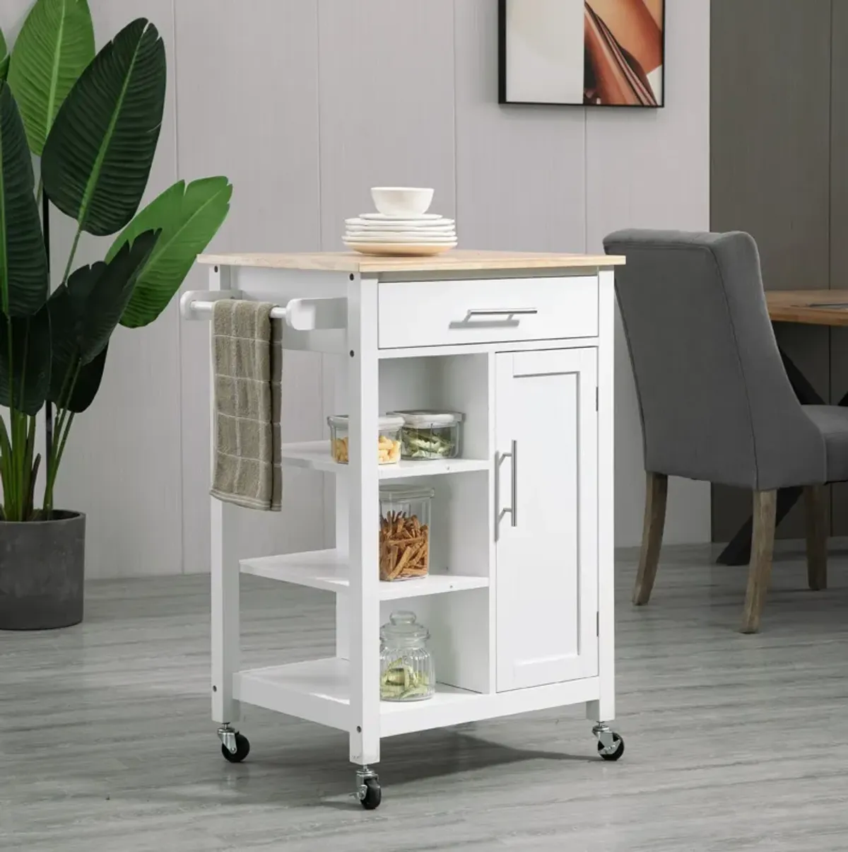 White Kitchen Island: Compact Rolling Cart with Shelf & Drawer