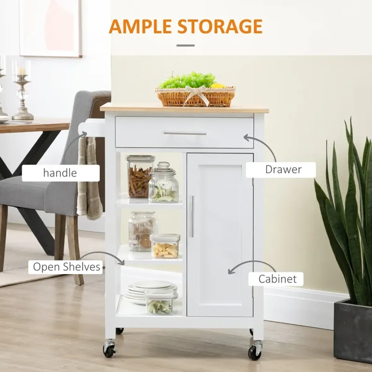 White Kitchen Island: Compact Rolling Cart with Shelf & Drawer