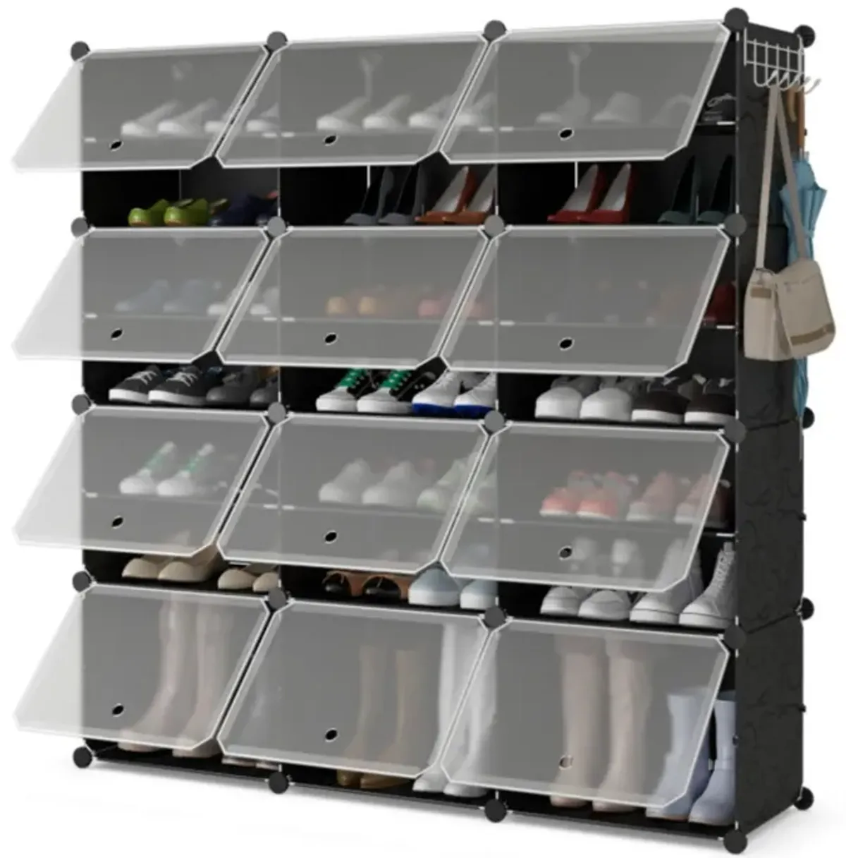 Hivvago 12-Cube 48 Pairs Portable Shoe Shelves with Hook-Black