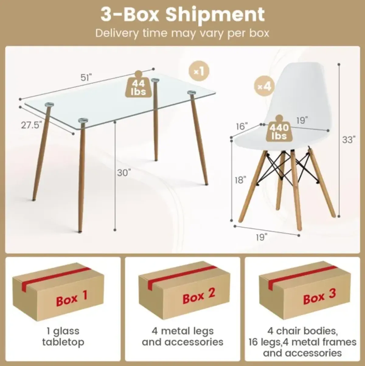 Hivvago 5 Pieces Rectangle Dining Table Set with 51 Inch Glass Tabletop