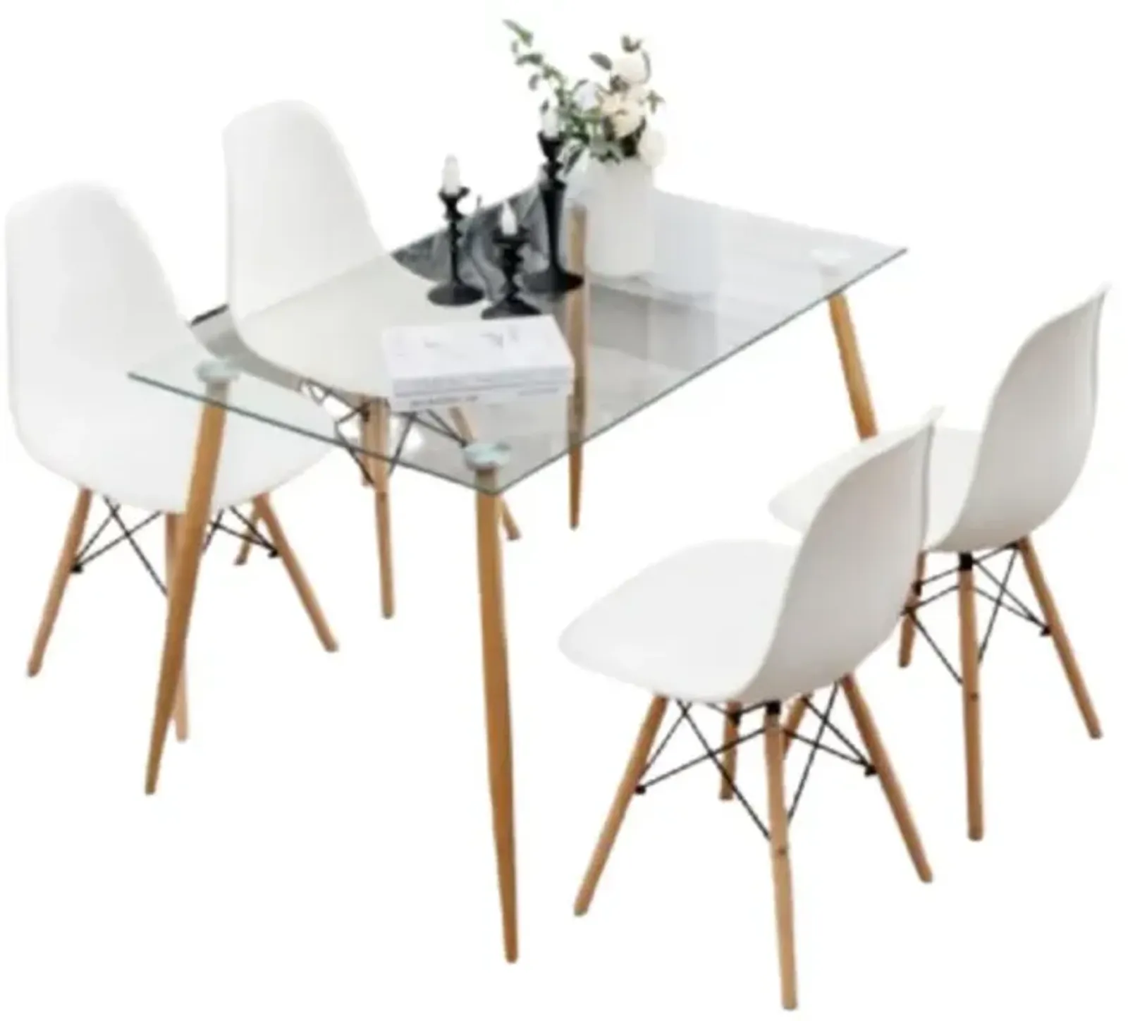 Hivvago 5 Pieces Rectangle Dining Table Set with 51 Inch Glass Tabletop