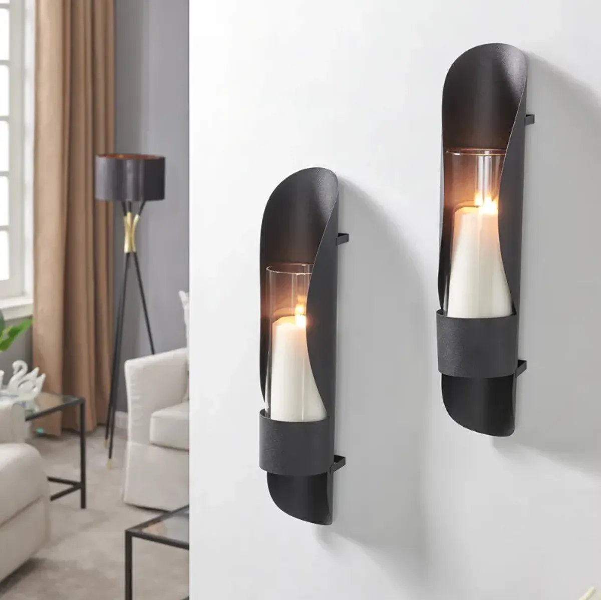 Wall Mount Hugging Metal Candle Sconces with Glass Inserts - (Set of 2) - Black