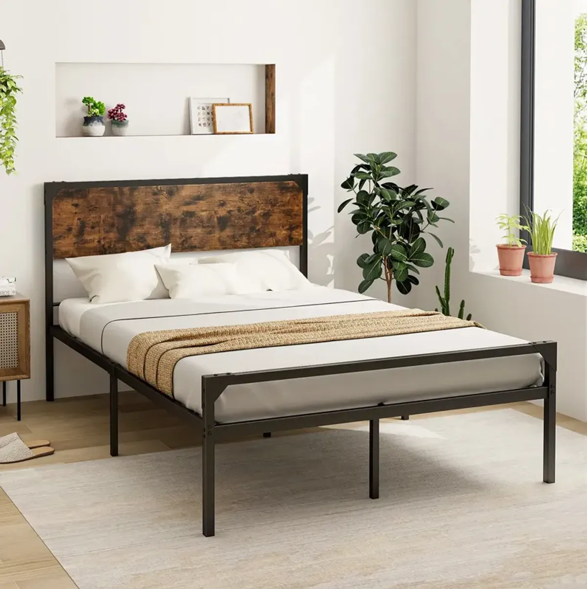 Platform Bed with Rustic Headboard and Footboard