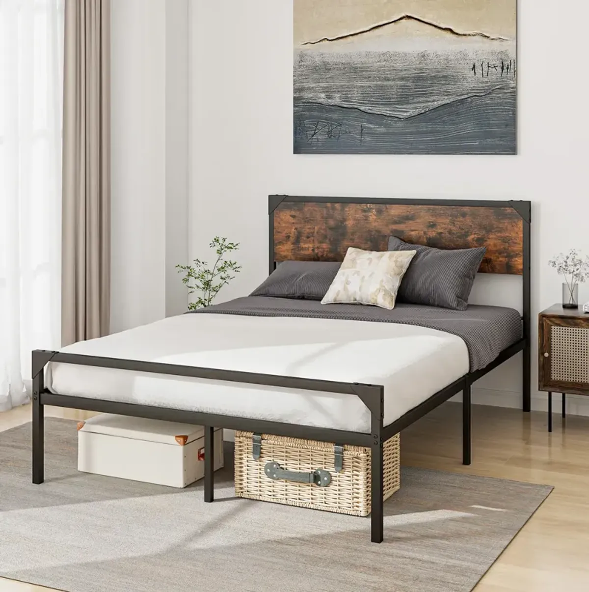 Platform Bed with Rustic Headboard and Footboard