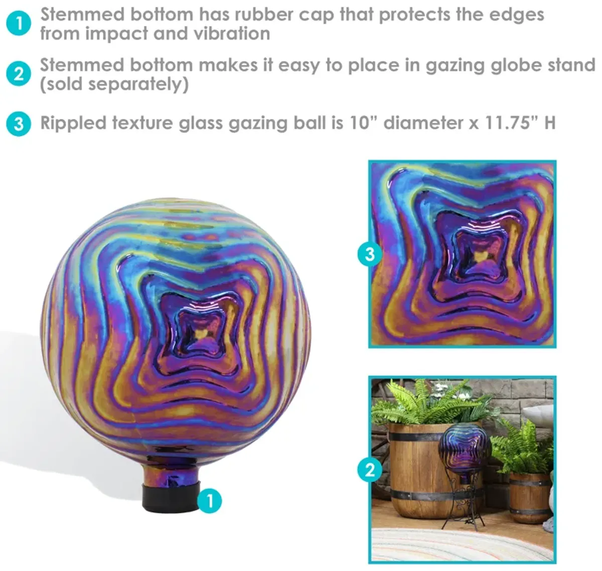 Sunnydaze Blue, Purple and Gold Rippled Glass Gazing Globe - 10 in