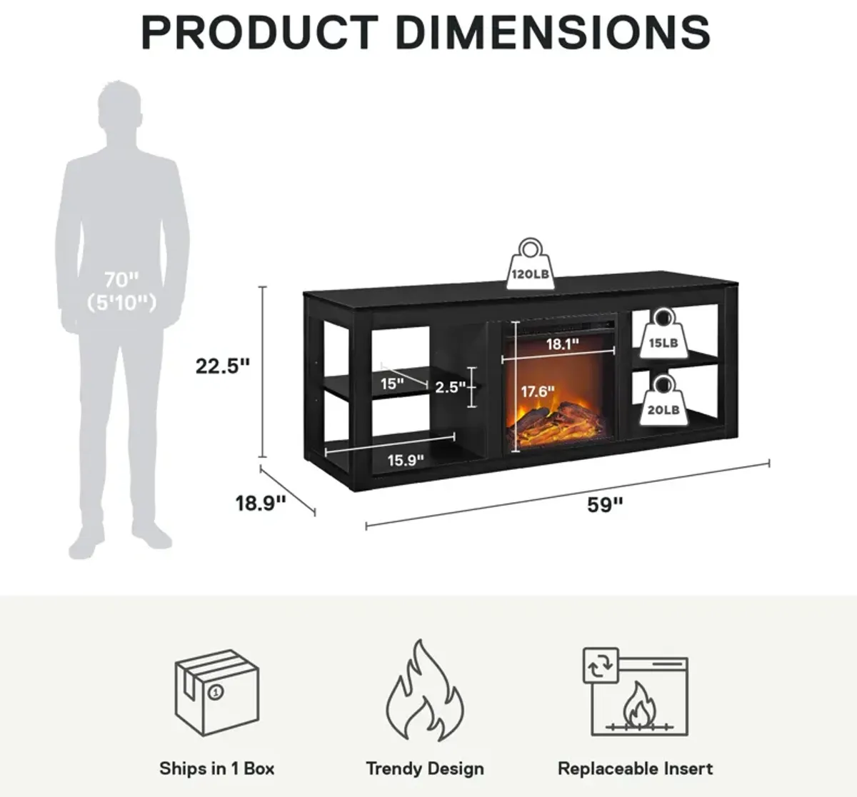 Ameriwood Home Parsons Electric Fireplace Space Heater TV Stand for TVs up to 65"