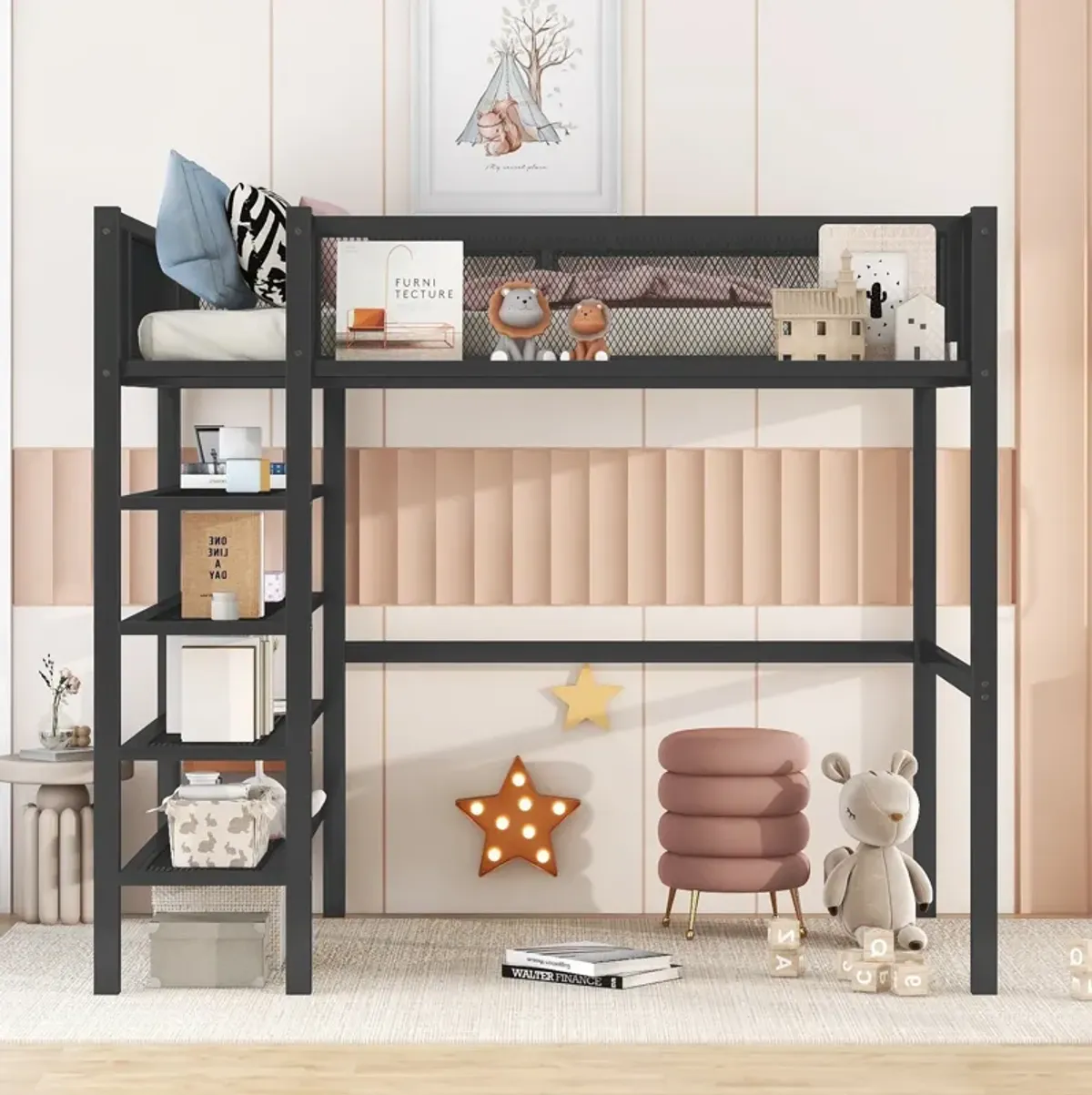 Merax Metal Loft Bed with Storage Shelves