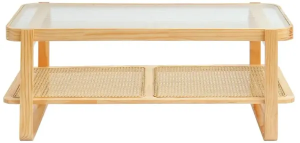 Rectangular Rattan Coffee Table with Glass Top and Wood Legs for Living Room or Bedroom