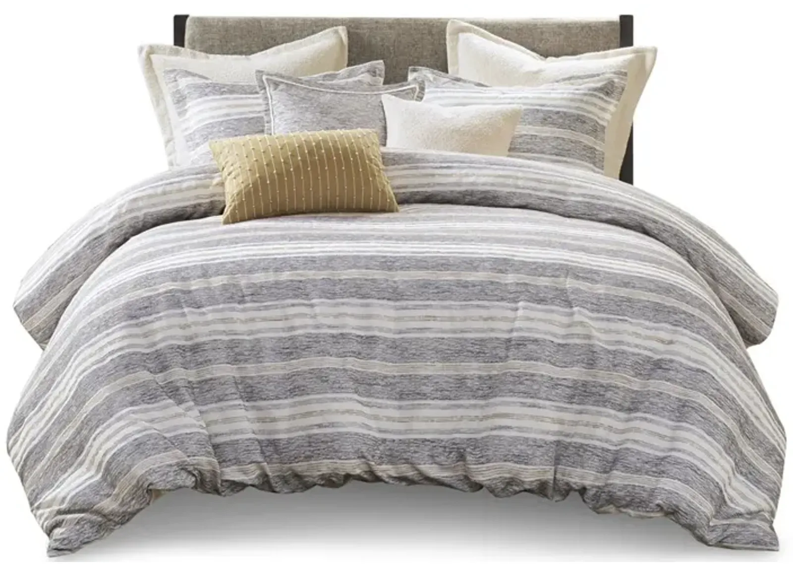 Gracie Mills Innis Chenille Jacquard Striped Comforter Set with Euro Shams and Decorative Pillows