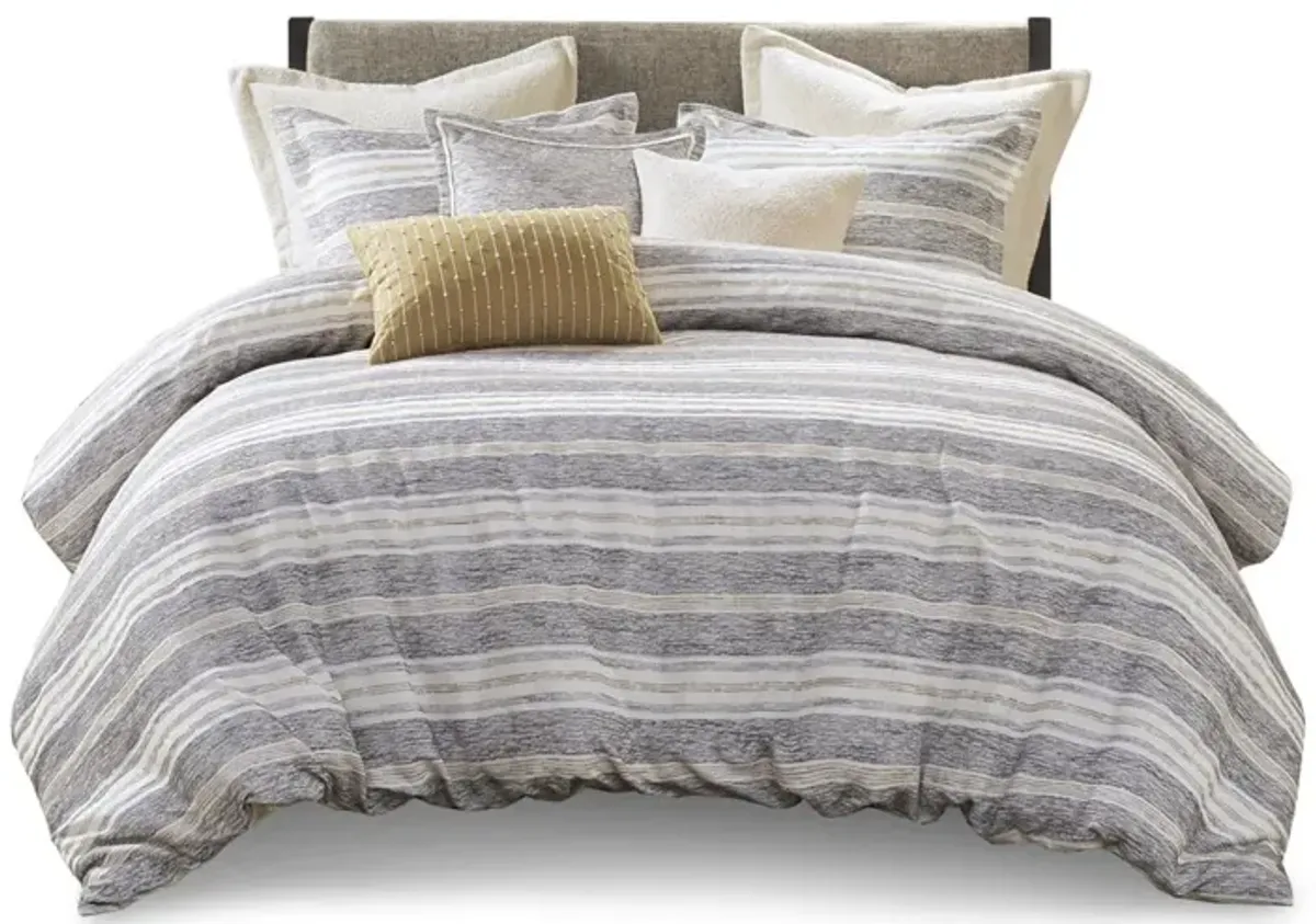 Gracie Mills Innis Chenille Jacquard Striped Comforter Set with Euro Shams and Decorative Pillows