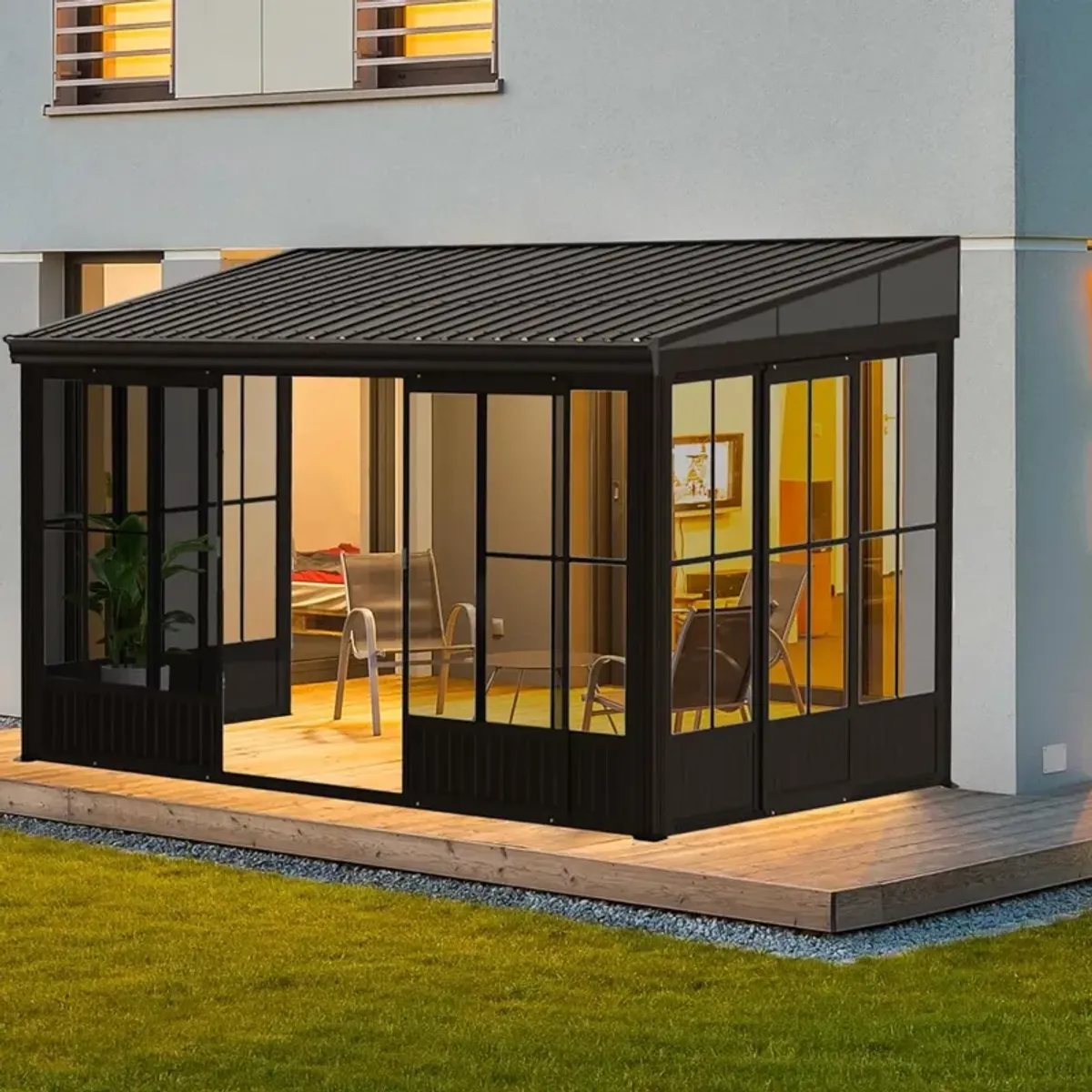 MONDAWE 12x14FT Hardtop Wall Mounted Gazebo Lean to Gazebo with Sloping Galvanized Steel Roof, Aluminum Frame, Drainage System, Curtains and Netting