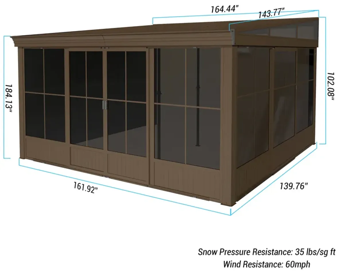 MONDAWE 12x14FT Hardtop Wall Mounted Gazebo Lean to Gazebo with Sloping Galvanized Steel Roof, Aluminum Frame, Drainage System, Curtains and Netting