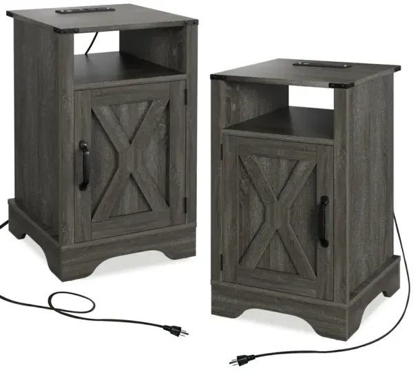 Dark Gray Nightstand With Charging Station Tall Wooden Night Stand Set 2 For Bedroom Living Room