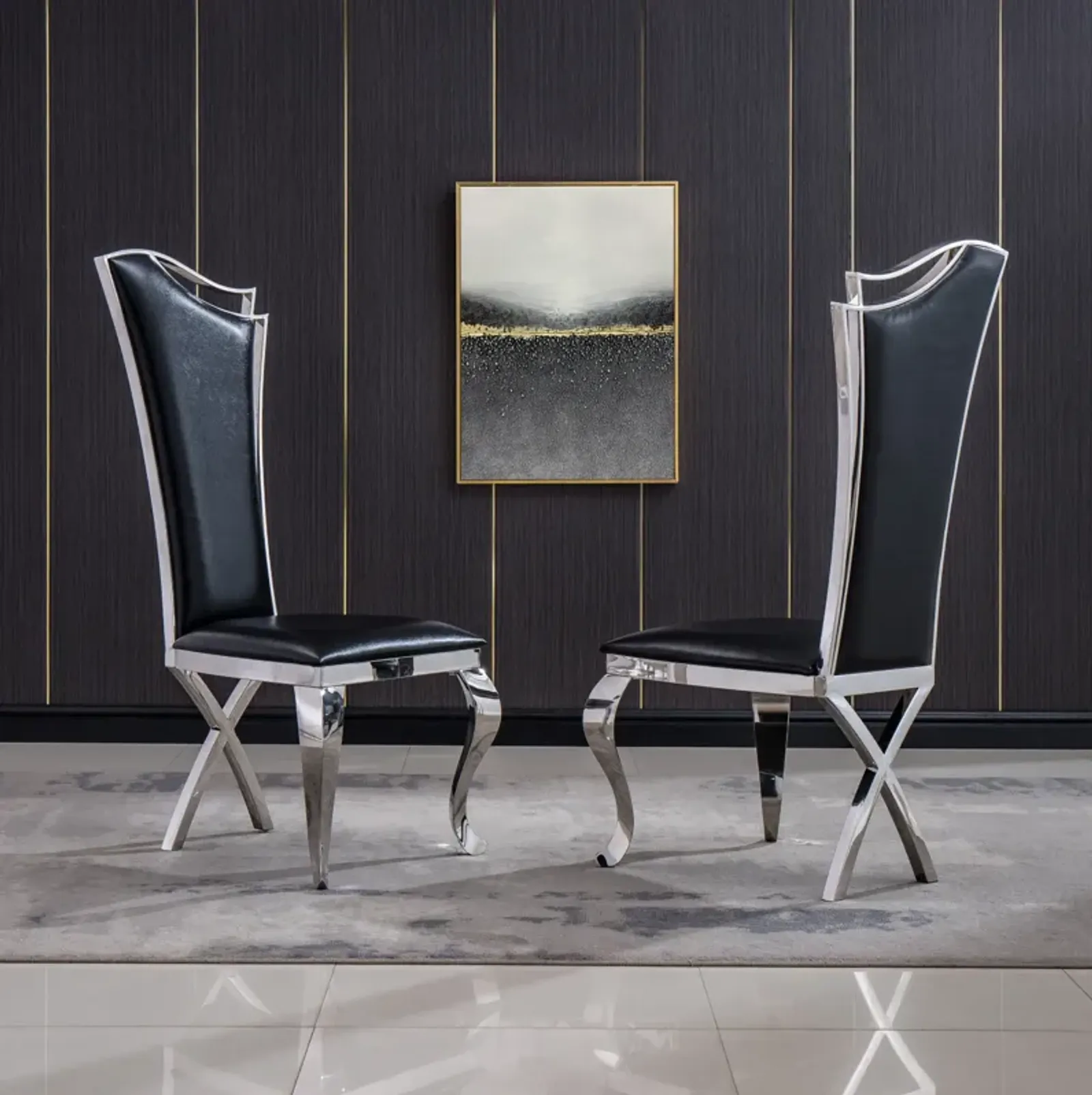 Leatherette Unique Design Backrest Dining Chair With Stainless Steel Legs Set Of 2