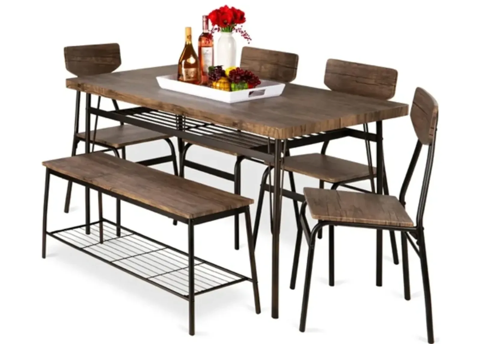 Hivvago Modern 6 Piece Dining Set with Brown Wood Top Table 4 Chairs and Storage Bench