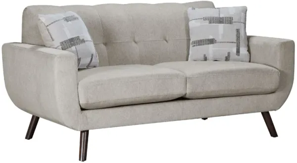 Jany Loveseat with 2 Pillows, 70 Inch, Tan Gray Microfiber, Brown Legs - Benzara