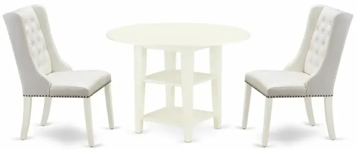 East West Furniture SUFO3-LWH-44 3-Piece Kitchen Table Set Includes 1 Dining Table with Two Shelves - 2 Light Grey Linen Fabric Upholstered Dining Chairs with Button Tufted Back - Linen White Finish