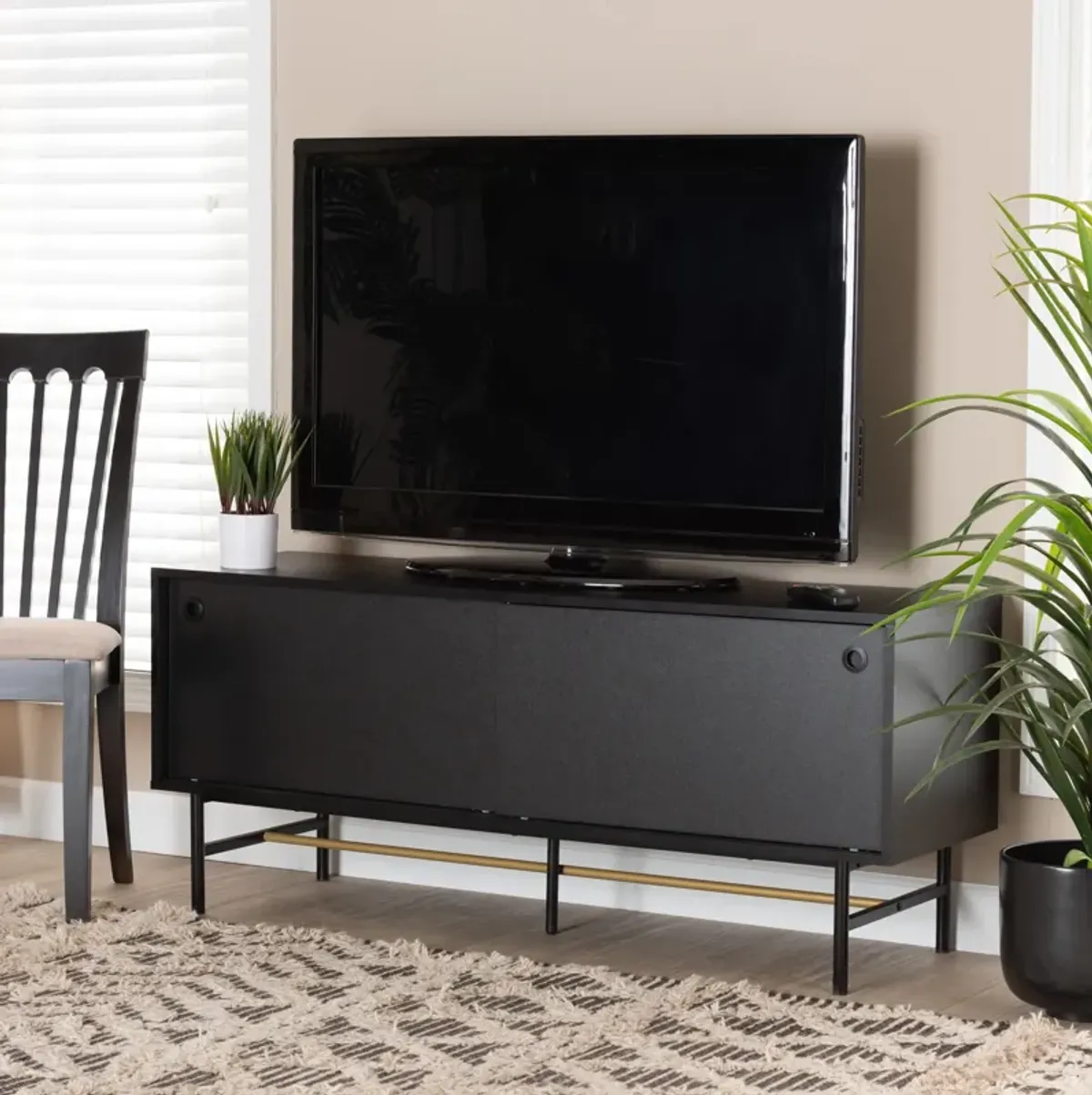 Baxton Studio Truett Dark Brown Finished Wood and Two-Tone Black and Gold Metal TV Stand