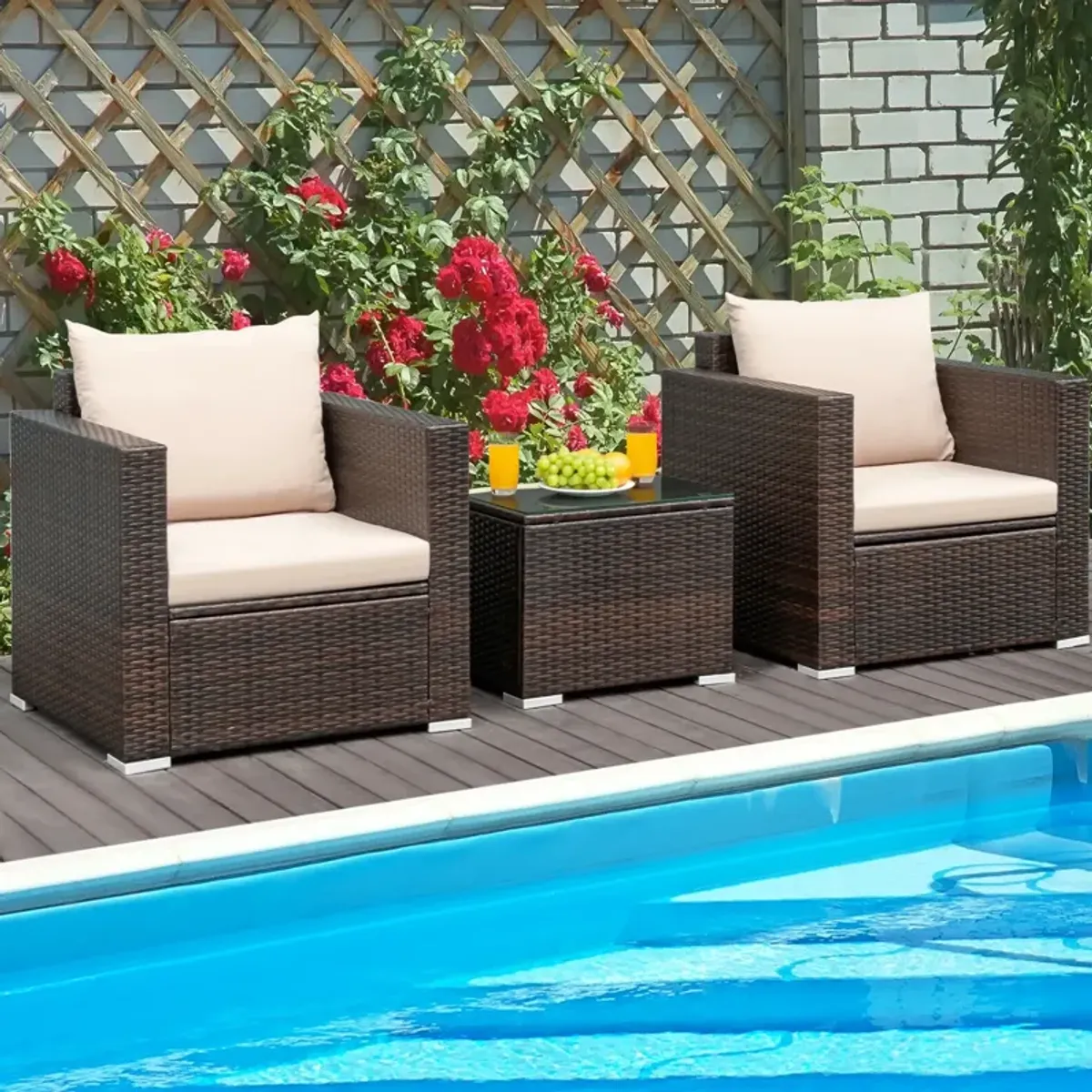 3 Pcs Patio Conversation Rattan Furniture Set with Cushion