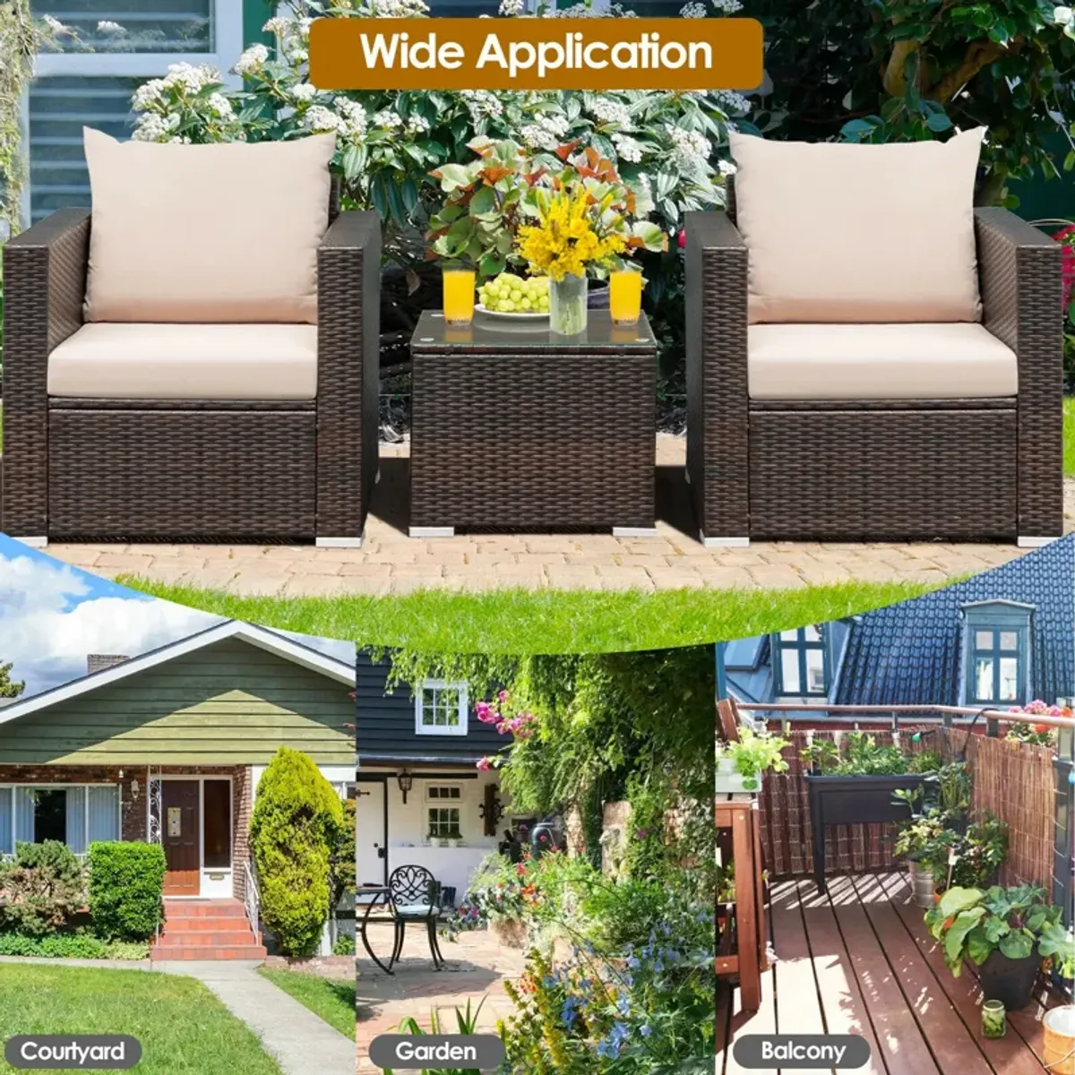 3 Pcs Patio Conversation Rattan Furniture Set with Cushion