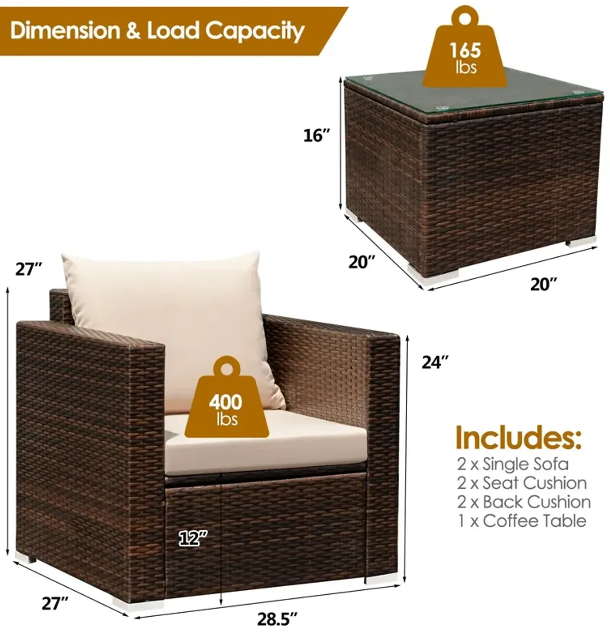 3 Pcs Patio Conversation Rattan Furniture Set with Cushion