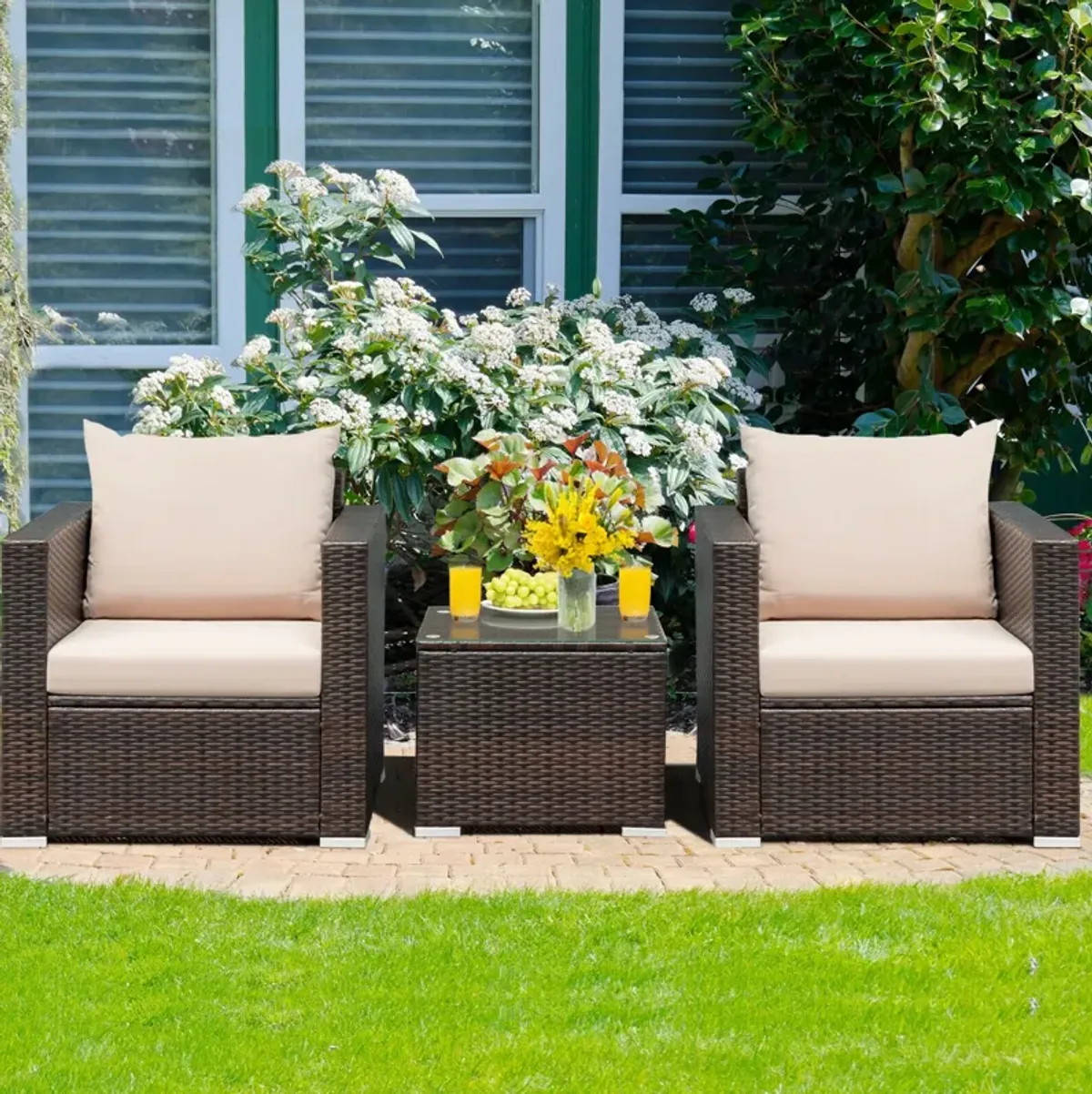 3 Pcs Patio Conversation Rattan Furniture Set with Cushion