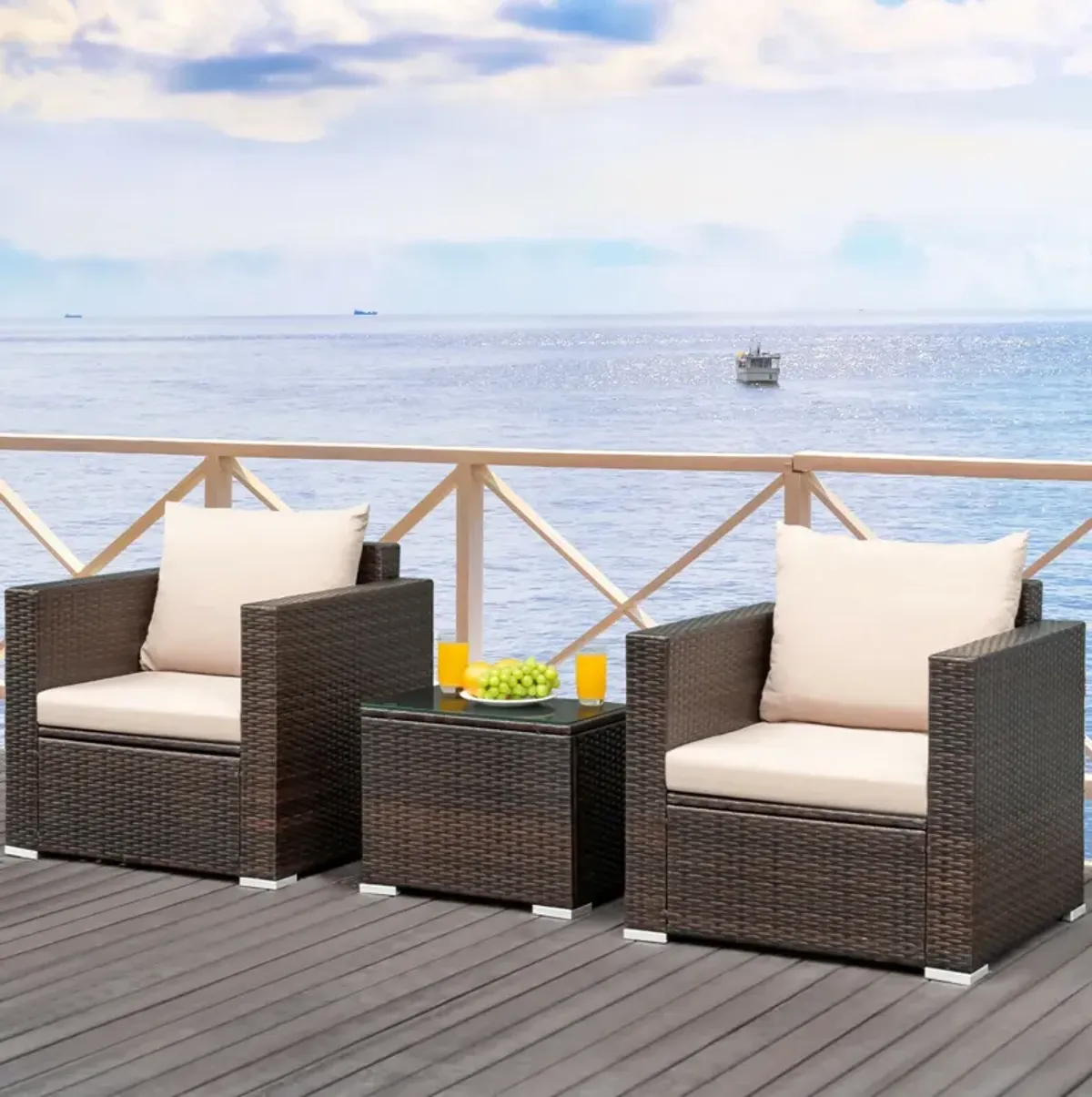 3 Pcs Patio Conversation Rattan Furniture Set with Cushion