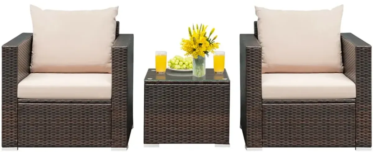 3 Pcs Patio Conversation Rattan Furniture Set with Cushion