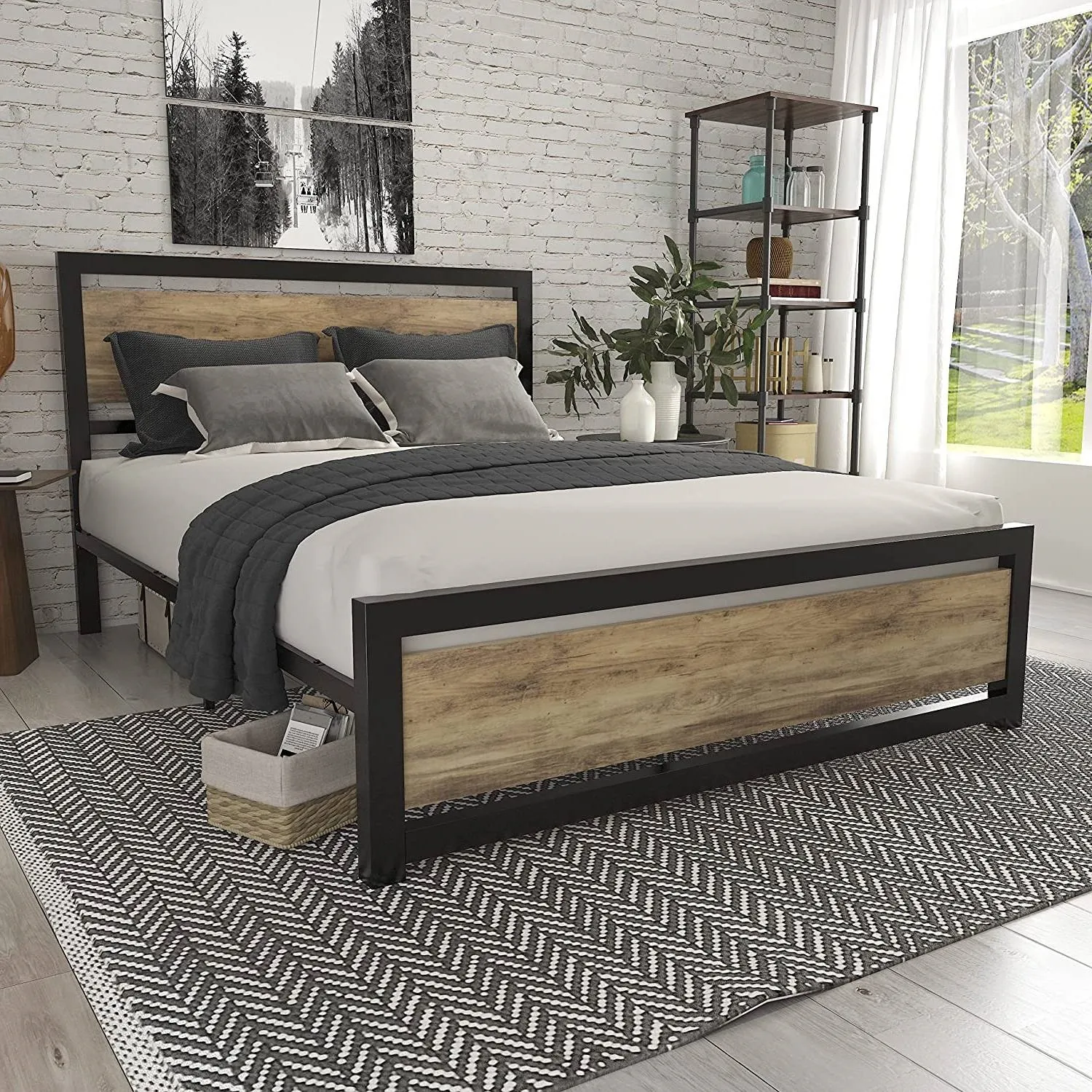 Hivvago Queen Metal Platform Bed Frame with Brown Wood Panel Headboard and Footboard