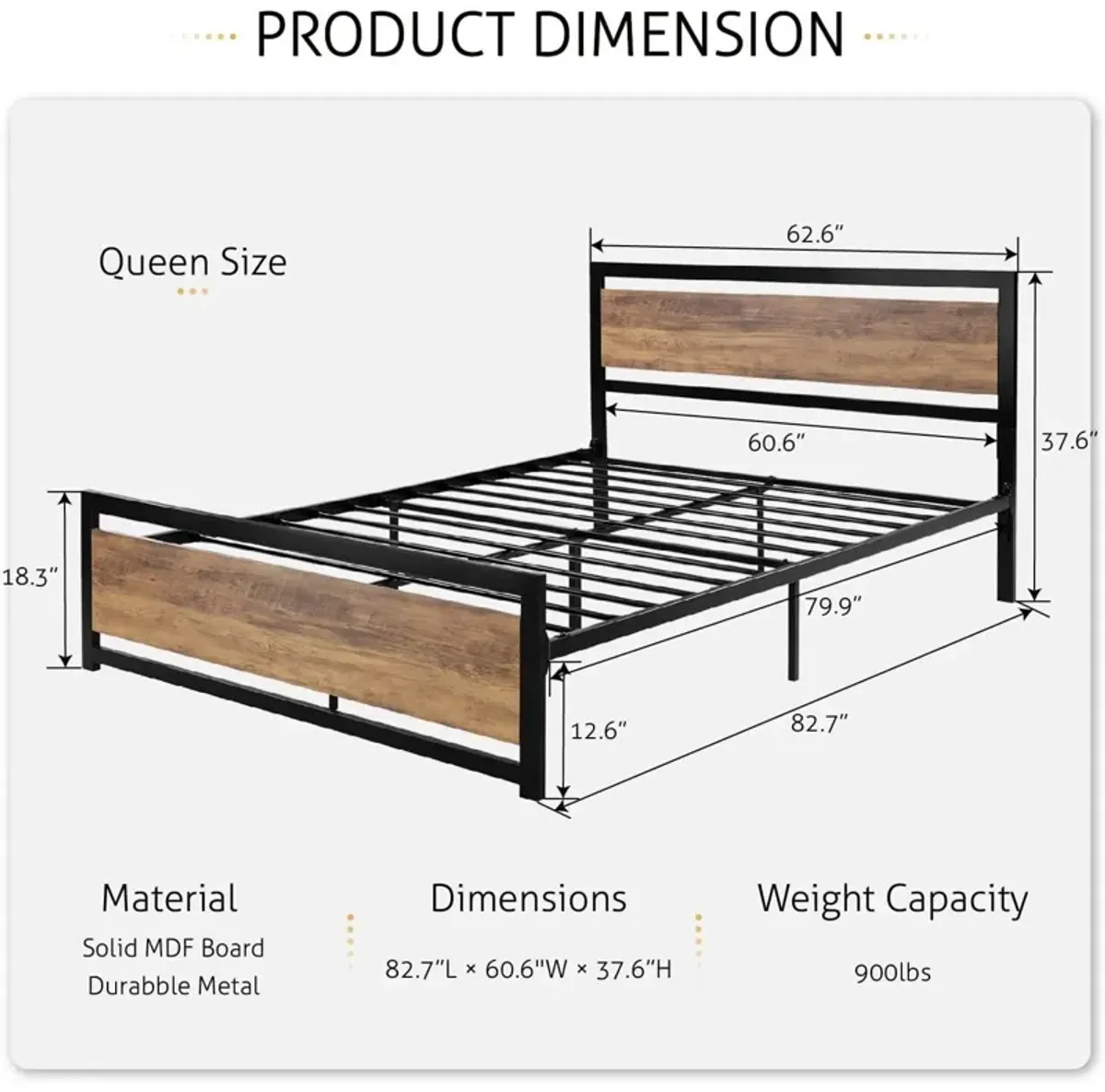 Hivvago Queen Metal Platform Bed Frame with Brown Wood Panel Headboard and Footboard