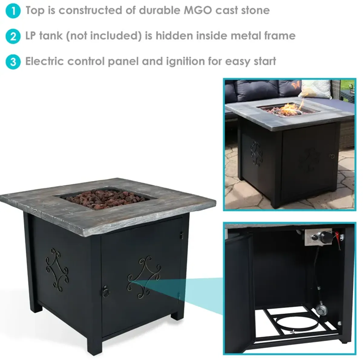 Sunnydaze 30 in Square MGO Propane Gas Fire Pit Table with Lava Rocks