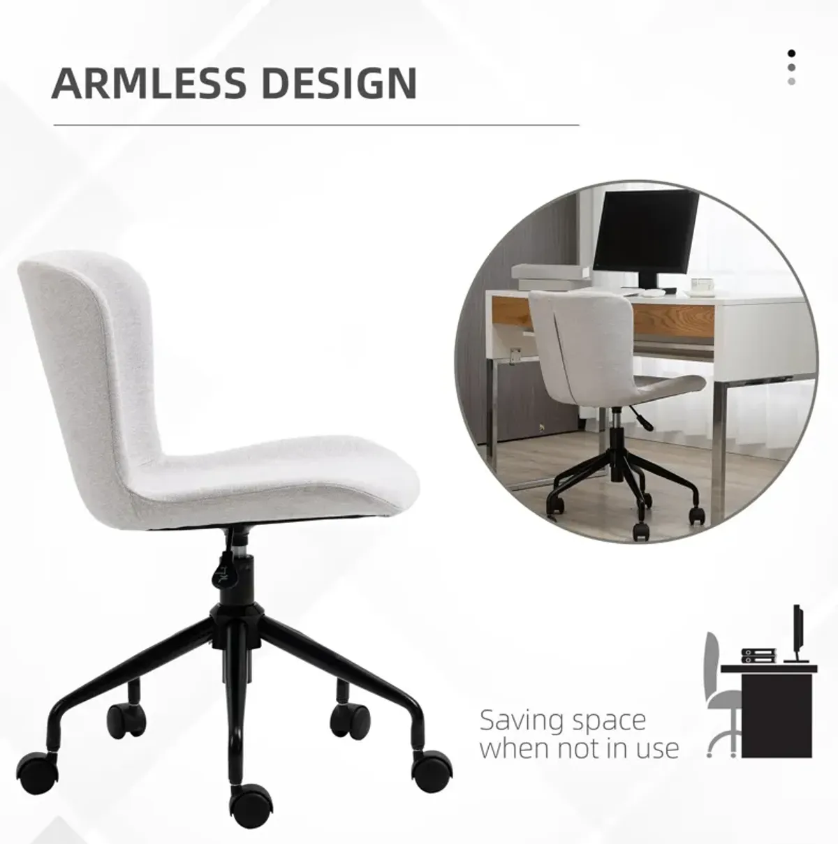 Light Grey Task Chair: Armless Swivel Office Chair for Small Spaces