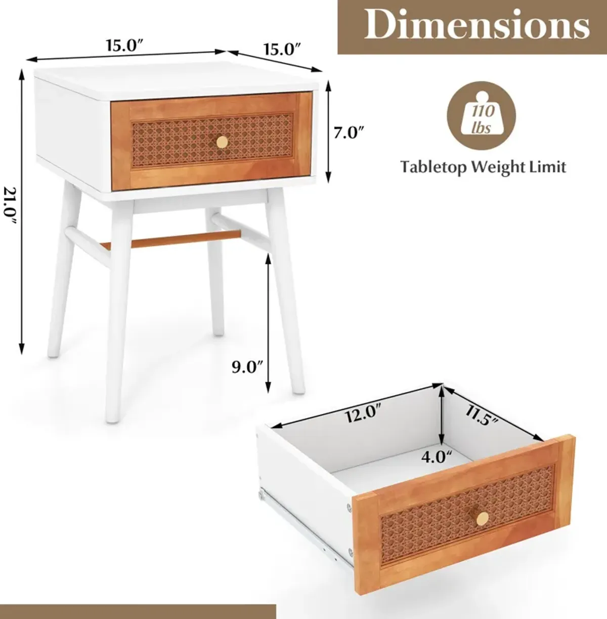 1-Drawer Modern Bedside Table with Solid Wood Legs