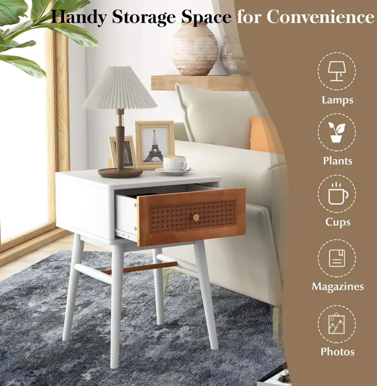 1-Drawer Modern Bedside Table with Solid Wood Legs