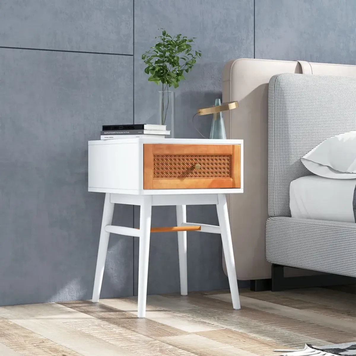 1-Drawer Modern Bedside Table with Solid Wood Legs