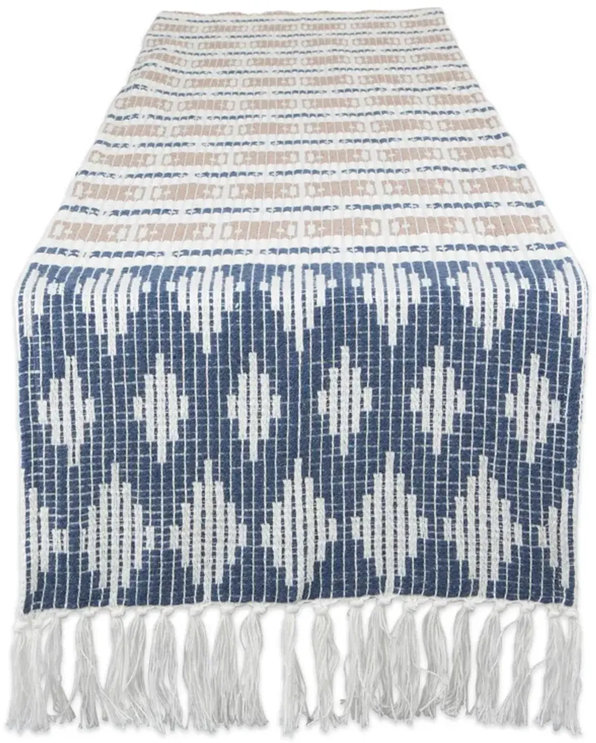 72" French Blue and White Rectangular Weaved Table Runner with Tassels