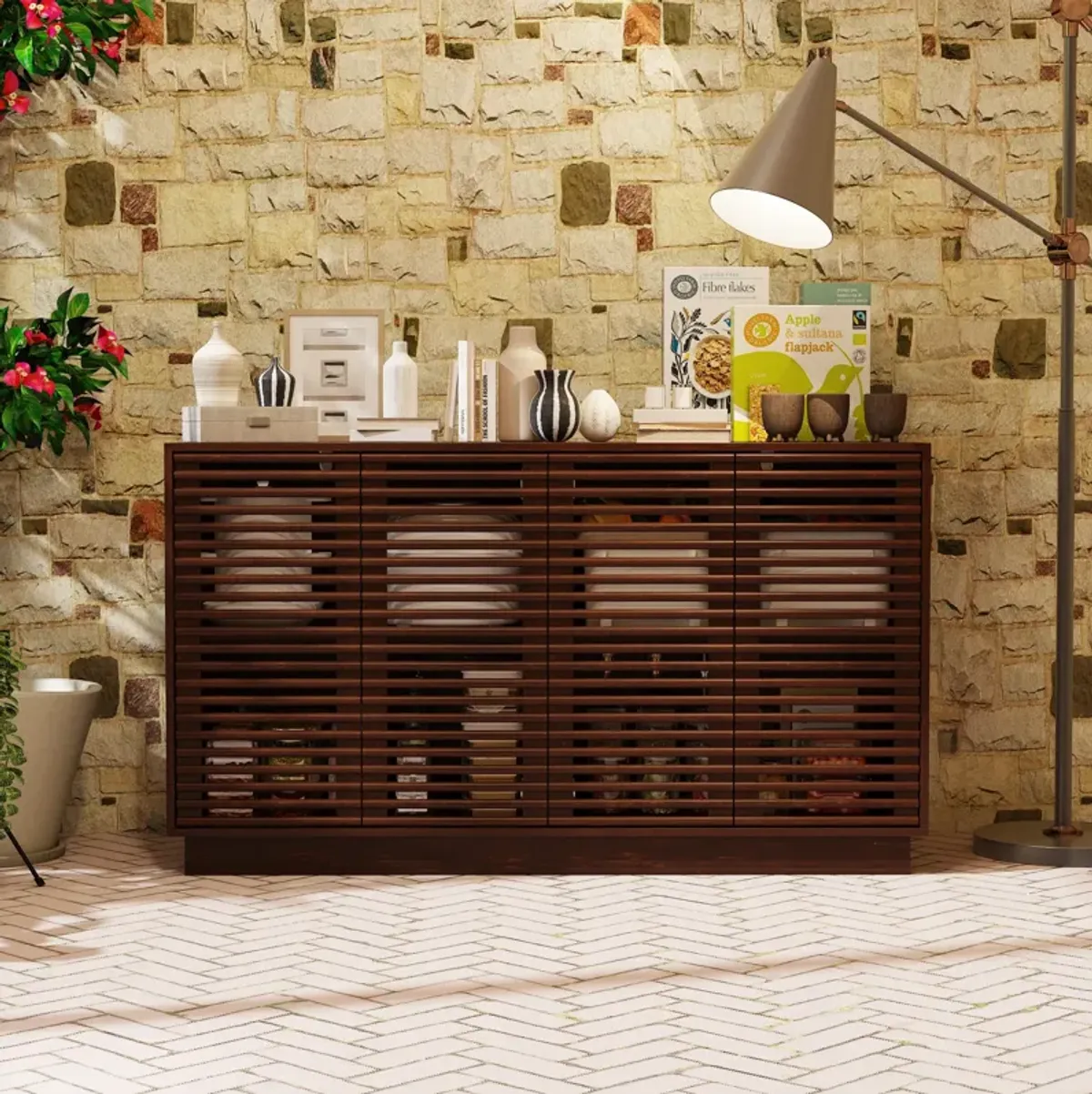 FUFU&GAGA Elegant Slatted Wood Sideboard with Adjustable Shelves & Storage Cabinet (55.1" W x 15.7" D x 31.5" H) ,Dark Brown