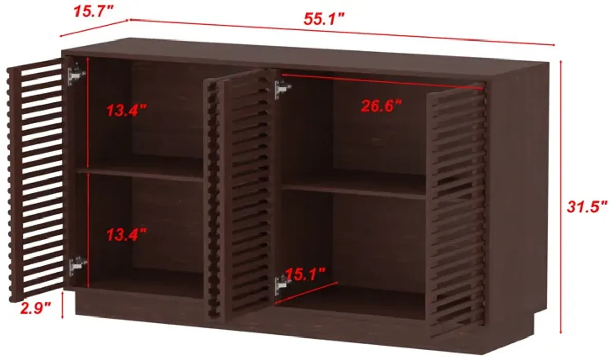 FUFU&GAGA Elegant Slatted Wood Sideboard with Adjustable Shelves & Storage Cabinet (55.1" W x 15.7" D x 31.5" H) ,Dark Brown