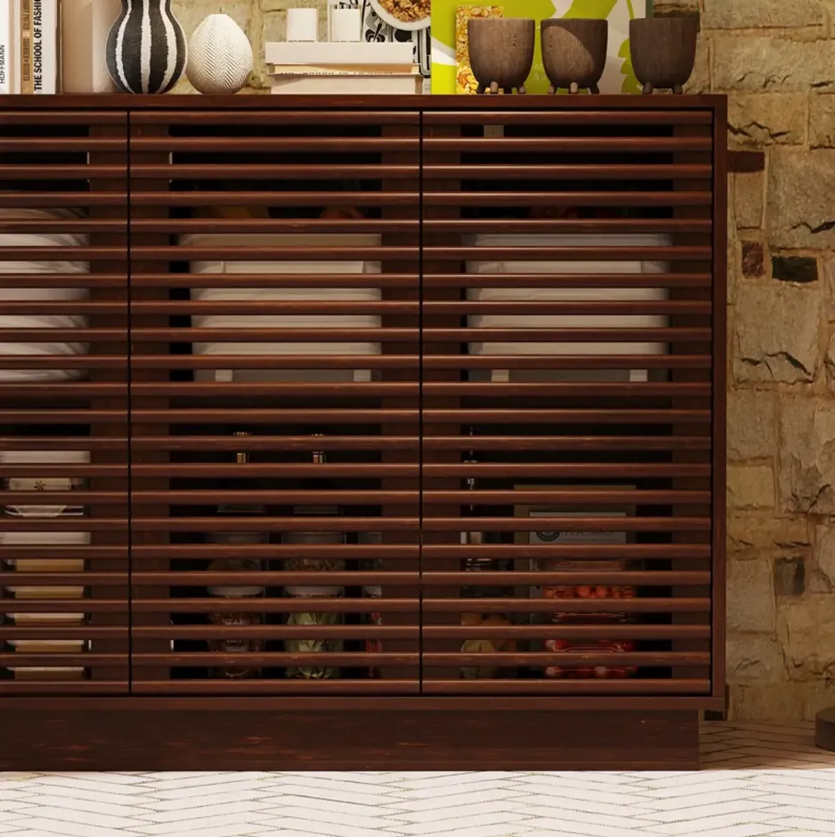 FUFU&GAGA Elegant Slatted Wood Sideboard with Adjustable Shelves & Storage Cabinet (55.1" W x 15.7" D x 31.5" H) ,Dark Brown